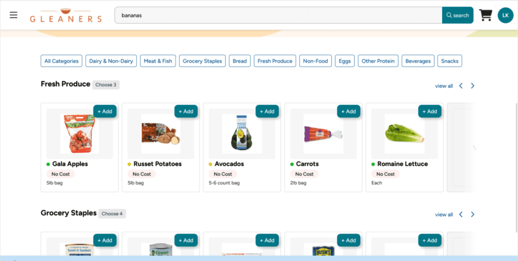 This image shows the interface of the Gleaners2Go app. This page specifically is where neighbors will select their order.